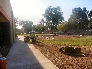 Workers roll out sod on charter school playground