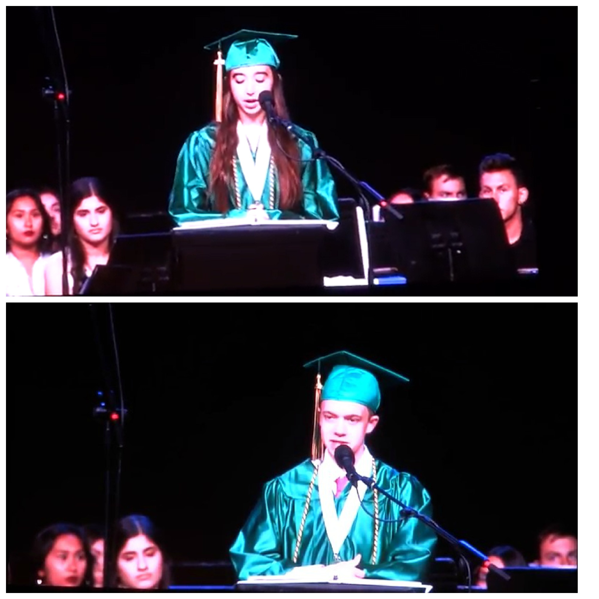 collage of two teenagers in green graduation robes speaking at ceremony